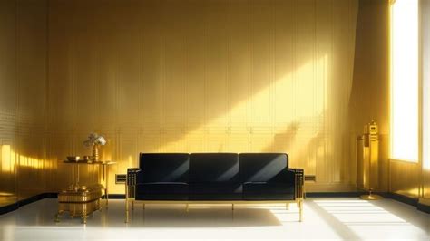 Premium AI Image | A yellow wall with a black couch and a gold lamp.