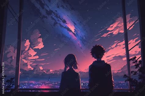 Starry Night Romance: Anime Couple Stargazing under Moonlight, Anime Digital Art illustration ...