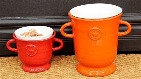 two orange and white coffee mugs sitting next to each other on a rug in front of a door