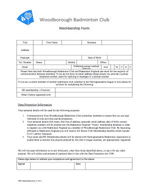 Fillable Online Woodborough Badminton Club membership form Fax Email Print - pdfFiller