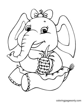 Cute Baby Elephant Holding a Pineapple Coloring Page - Free Printable Coloring Pages