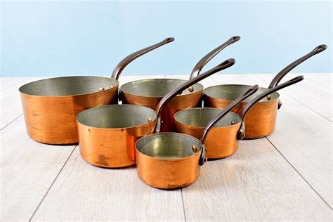 Antique Copper Pots and Pans - Complete Set of 6 Kitchen Saucepans with Iron Handles - Antique ...
