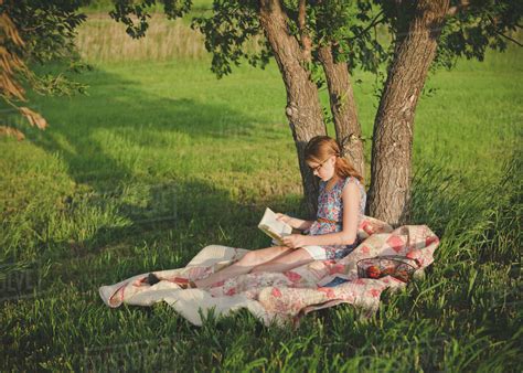 Caucasian girl reading book under tree in field - Stock Photo - Dissolve