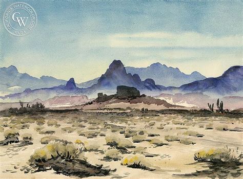 watercolor painting of desert scene with mountains in the background