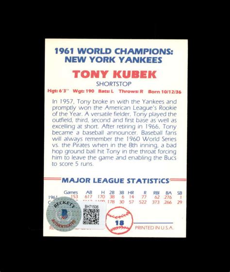 Tony Kubek Beckett BGS Signed 1982 Renata Galasso 1961 WS Autograph | eBay