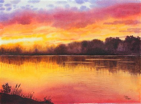 Watercolor Sunset Lake Painting - Class Demo by Cathy Hillegas, Sunset 1 | Lake sunset painting ...