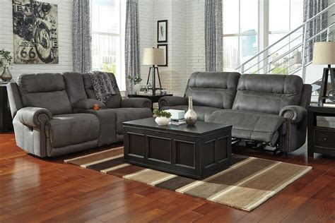 Ashley (Signature Design) Austere - Gray 2 Seat Reclining Sofa with Rolled Arms and Nailhead ...