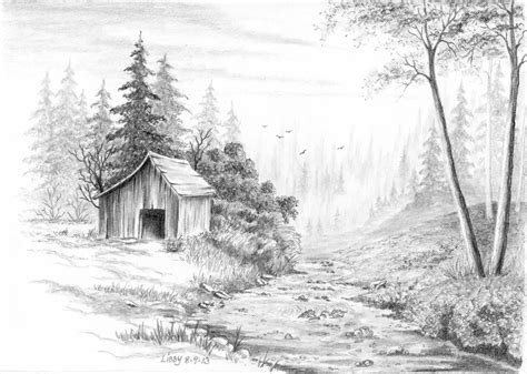 My attempt at drawing from a Bob Ross painting. Pencil on cartridge paper. | Landscape pencil ...