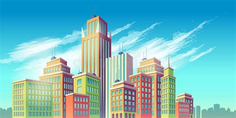 Vector Cartoon Illustration, Banner, Urban Background with Modern Big City Buildings Stock ...