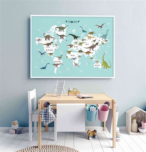 Dinosaur World Map Printable Illustration Horizontal Jurassic - Etsy