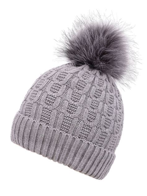 Women Winter Faux Fur Pompom Knit Sherpa Lined Beanie Hat - Grey Beanie ...