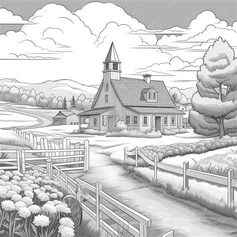 Premium AI Image | drawing of a rural scene with a church and a fence generative ai