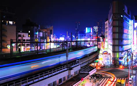 Fondos de pantalla Tokio, Japón, noche de la ciudad, luces, tren, velocidad, cruce de caminos ...