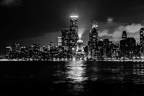 HD wallpaper: black and white, chicago, city, city lights, lake michigan | Wallpaper Flare