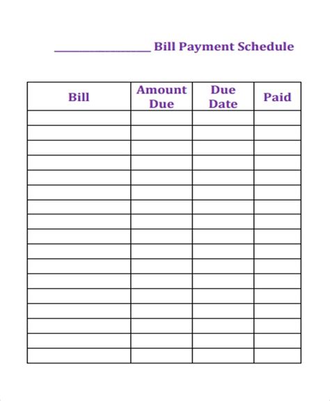 Printable Bill Schedule Monthly