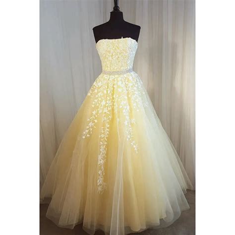 Aliexpress.com : Buy Elegant Light Yellow Long Dress Evening Dress Strapless A Line Lace Tulle ...