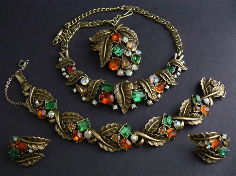 Vintage Coro Necklace Bracelet Earrings Brooch Set Gold Tone Multicolor Rhinesto #Coro ...