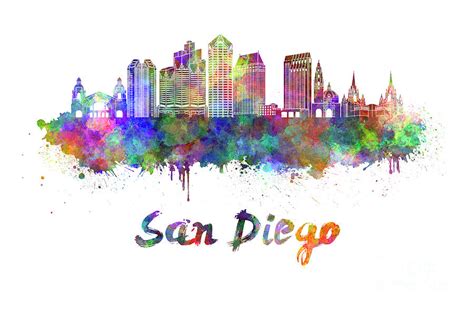 San Diego Skyline In Watercolor Painting by Pablo Romero