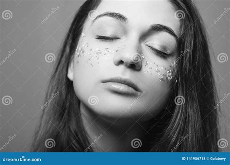 Young Beautiful Female Glitter Makeup Eyes Closed Stock Photo - Image ...