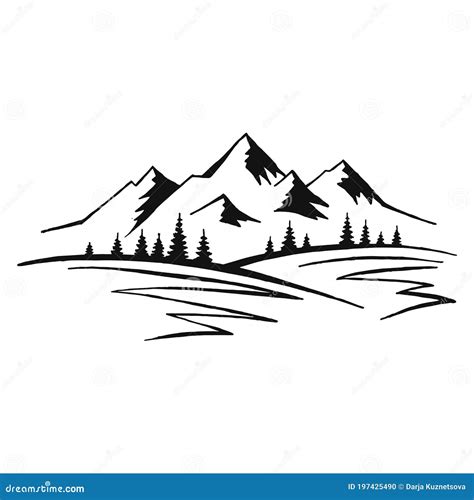 Mountain With Pine Trees And Landscape Black On White Background. Hand ...