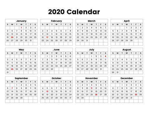 2020 Year Calendar With Holidays - A Printable Calendar