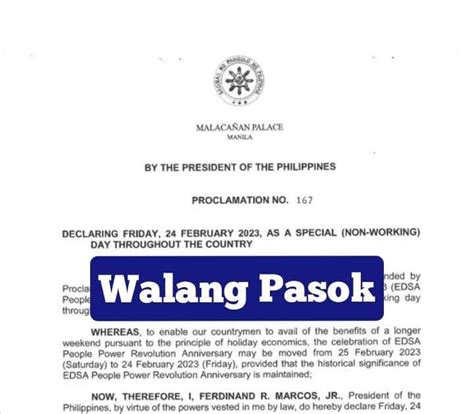 Walang Pasok: Declaring Friday, 24 February 2023, A Special (Non-working) Day Throughout the Country