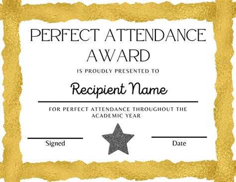 Perfect Attendance Award Gold Perfect Attendance Certificate - Etsy