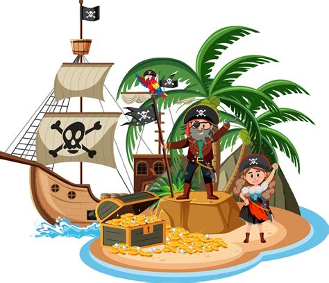 Pirate ship on island with pirates cartoon character isolated on white ...