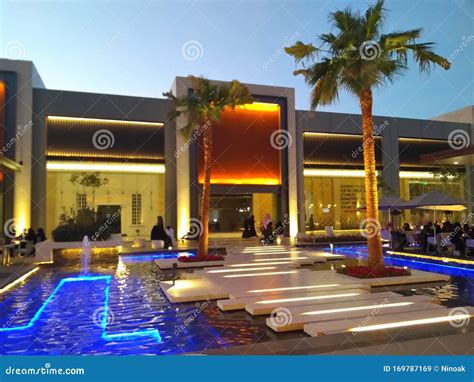 Riyadh Front Architecture Water at Twilight , Shops and Coffee Restaurants Editorial Stock Image ...