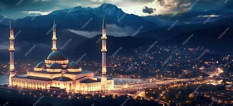 Premium AI Image | Magnificent mosque night view background with copy space