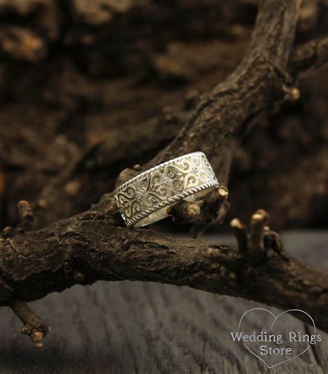 Vintage style wedding band with filigree Unusual silver | Etsy