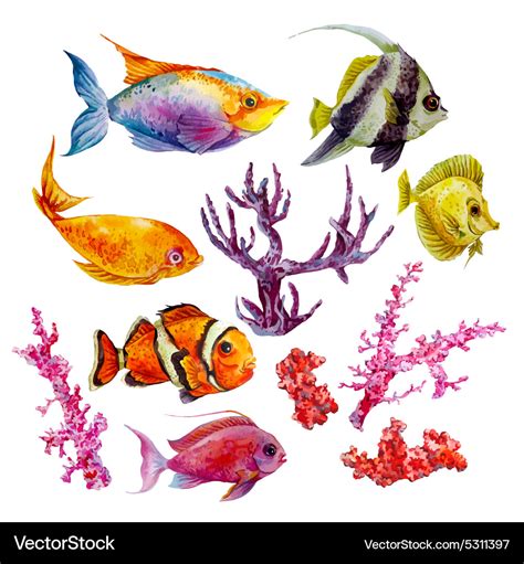 Marine set of watercolor tropical fish Royalty Free Vector