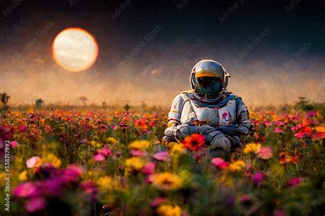 Beautiful painting of an astronaut in in a field of flowers on a different planet. Ai generated ...