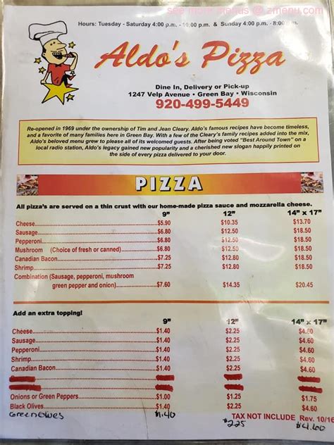 Menu at Aldo's Pizza pizzeria, Green Bay