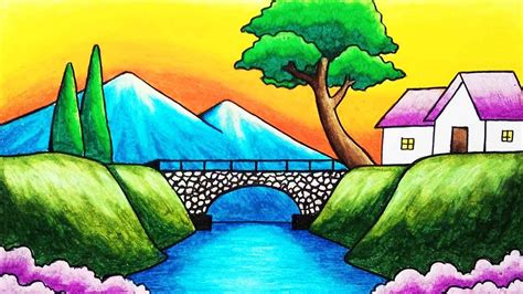 How to Draw Easy Scenery of Mountain, Bridge and River Step by Step ...