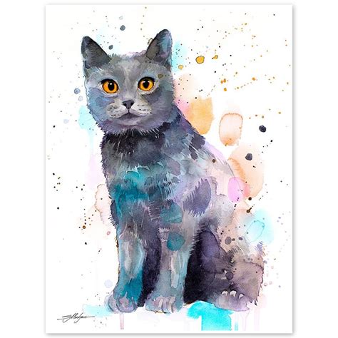 Chartreux cat watercolor painting print by Slaveika Aladjova