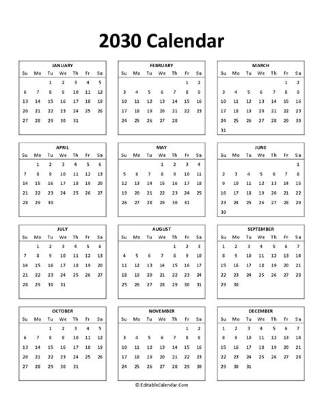 Free Printable 2030 Calendar