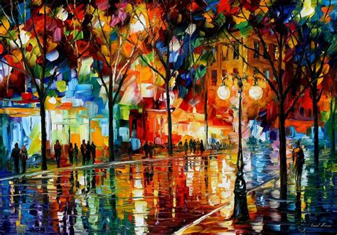 Leonid Afremov, Painting, Trees, Street light, Street, Reflection ...