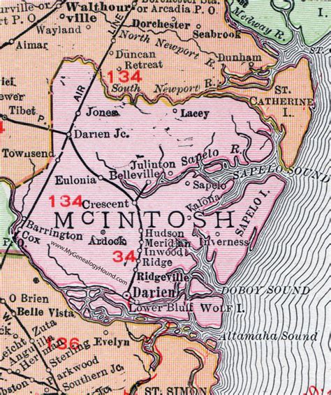 McIntosh County, Georgia, 1911, Map, Darien, Crescent, Townsend, Valona