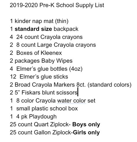 2019-2020 Pre-k School Supply List | Van Vleck Elementary School