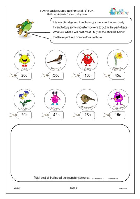 Buying stickers: add up the total 1 (Euros) - Money worksheets using Euros. by URBrainy.com