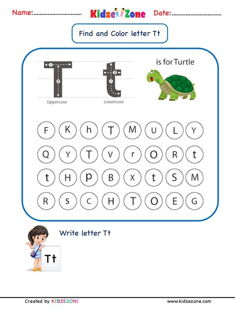 Kindergarten Letter T worksheets - Find and Color - KidzeZone