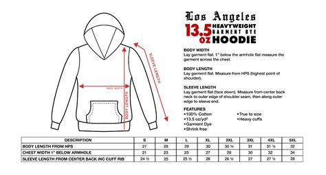 Size Chart - 13.5 oz Los Angeles Garment Dye Fleece Hoodie – Shakawear.com