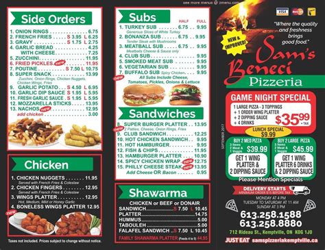 Menu at Sam`s Pizzeria, Kemptville