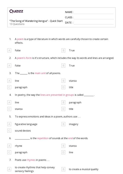 50+ Poems worksheets for 8th Year on Quizizz | Free & Printable