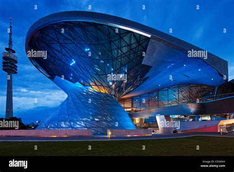 Twilight view of the main entrance to BMW Welt, a exhibition facility Stock Photo, Royalty Free ...