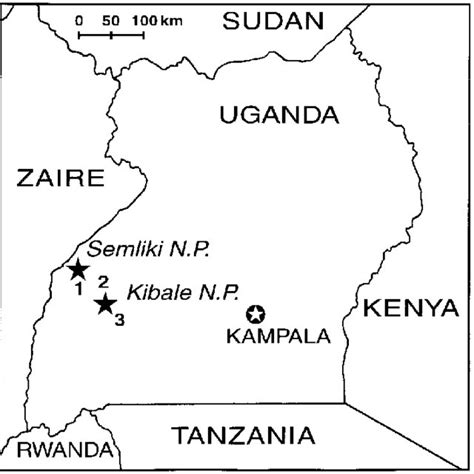 Diagrammatic map of Uganda indicating locations of Kibale National Park ...