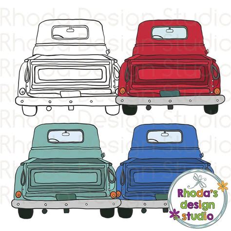 Retro Vintage Pickup Truck Rear End Aqua, Blue, and Red Stamp Digital ...