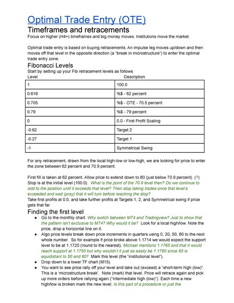 Huddleston notes (Inner Circle Trader) - Optimal Trade Entry (OTE) Timeframes and retracements ...