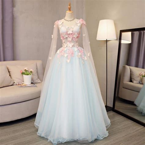 Sky Blue Tulle Long A-line Dress, Long V Neck Butterfly Party Dress ...